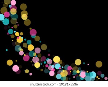 Memphis round confetti airy background in blue, rose color, gold on black. Childish pattern vector, children's party birthday celebration background. Holiday confetti circles in memphis style.