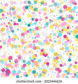 Memphis round confetti airy background in cyan, magenta and gold on white. Childish pattern vector, children's party birthday celebration background. Holiday confetti circles in memphis style.