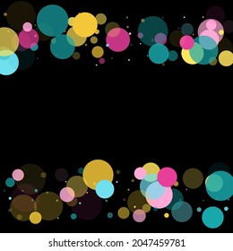 Memphis round confetti airy background in blue, rose color, gold on black. Childish pattern vector, kid's party birthday celebration background. Holiday confetti circles in memphis style.