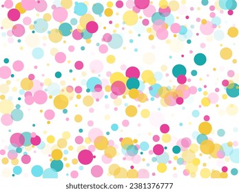 Memphis redondo confeti fondo airoso en cian, rosa y oro sobre blanco. Vector de patrón infantil, antecedentes de celebración de cumpleaños de fiesta infantil. Círculos de confeti navideño al estilo memphis.