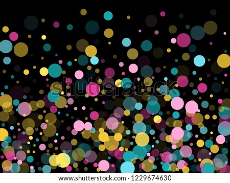 Memphis round confetti airy background in blue, crimson and gold on black.  Childish pattern vector, kid's party birthday celebration background.  Holiday confetti circles in memphis style.