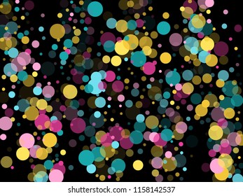 Memphis round confetti carnival background in cyan, rose color, gold on black.  Childish pattern vector, children's party birthday celebration background.  Holiday confetti circles in memphis style.