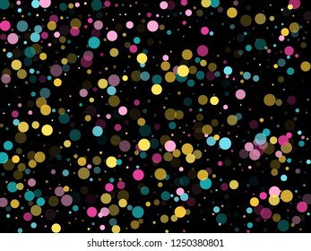 Memphis round confetti carnival background in teal, rose color, gold on black.  Childish pattern vector, kid's party birthday celebration background.  Holiday confetti circles in memphis style.