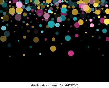 Memphis round confetti carnival background in cyan, pink and gold on black.  Childish pattern vector, kid's party birthday celebration background.  Holiday confetti circles in memphis style.