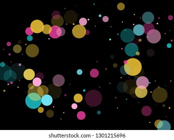 Memphis round confetti carnival background in blue, crimson and gold on black.  Childish pattern vector, children's party birthday celebration background.  Holiday confetti circles in memphis style.