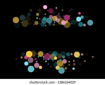 Memphis round confetti carnival background in cayn, magenta and yellow on black.  Childish pattern vector, children's party birthday celebration background.  Holiday confetti circles in memphis style.