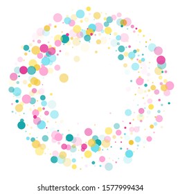 Memphis round confetti carnival background in blue, pink and yellow on white.  Childish pattern vector, children's party birthday celebration background.  Holiday confetti circles in memphis style.