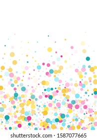 Memphis round confetti carnival background in blue, rose color, gold on white.  Childish pattern vector, children's party birthday celebration background.  Holiday confetti circles in memphis style.