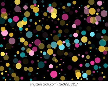 Memphis round confetti carnival background in cyan, crimson and gold on black.  Childish pattern vector, children's party birthday celebration background.  Holiday confetti circles in memphis style.