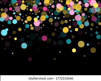 Memphis rund um Konfetti-Karneval-Hintergrund auf türkisem, grauem und goldenem Hintergrund auf Schwarz.  Kindermuster, Vektorgrafik, Kinderparty, Geburtstagsfeier, Hintergrund.  Feiertags-Konfetti-Kreise im Memphis-Stil.