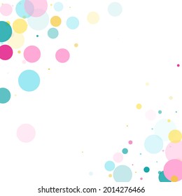 Memphis round confetti carnival background in teal, crimson and yellow on white. Childish pattern vector, children's party birthday celebration background. Holiday confetti circles in memphis style.