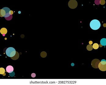 Memphis round confetti carnival background in teal, crimson and yellow on black. Childish pattern vector, kid's party birthday celebration background. Holiday confetti circles in memphis style.