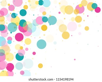 Memphis round confetti creative background in blue, magenta and gold on white.  Childish pattern vector, children's party birthday celebration background.  Holiday confetti circles in memphis style.