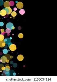 Memphis round confetti creative background in blue, magenta and gold on black.  Childish pattern vector, children's party birthday celebration background.  Holiday confetti circles in memphis style.