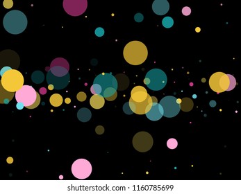 Memphis round confetti creative background in blue, pink and yellow on black.  Childish pattern vector, children's party birthday celebration background.  Holiday confetti circles in memphis style.