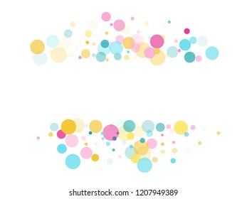 Memphis round confetti creative background in blue, magenta and yellow on white.  Childish pattern vector, children's party birthday celebration background.  Holiday confetti circles in memphis style.