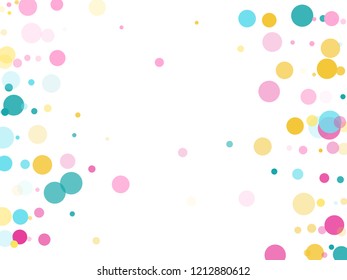 Memphis round confetti creative background in blue, rose color, gold on white.  Childish pattern vector, children's party birthday celebration background.  Holiday confetti circles in memphis style.