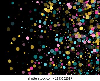 Memphis round confetti creative background in cyan, magenta and gold on black.  Childish pattern vector, children's party birthday celebration background.  Holiday confetti circles in memphis style.