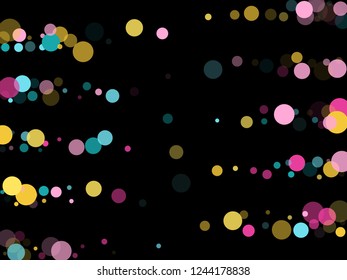 Memphis round confetti creative background in blue, crimson and yellow on black.  Childish pattern vector, kid's party birthday celebration background.  Holiday confetti circles in memphis style.