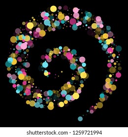 Memphis round confetti creative background in cayn, pink and yellow on black.  Childish pattern vector, kid's party birthday celebration background.  Holiday confetti circles in memphis style.