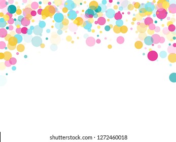 Memphis round confetti creative background in teal, rose color, gold on white.  Childish pattern vector, children's party birthday celebration background.  Holiday confetti circles in memphis style.