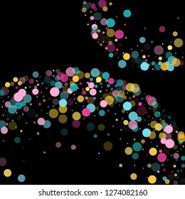 Memphis round confetti creative background in cyan, magenta and gold on black.  Childish pattern vector, children's party birthday celebration background.  Holiday confetti circles in memphis style.