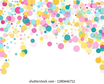 Memphis round confetti creative background in cyan, crimson and gold on white.  Childish pattern vector, children's party birthday celebration background.  Holiday confetti circles in memphis style.