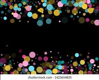 Memphis round confetti creative background in teal, rose color, gold on black.  Childish pattern vector, children's party birthday celebration background.  Holiday confetti circles in memphis style.