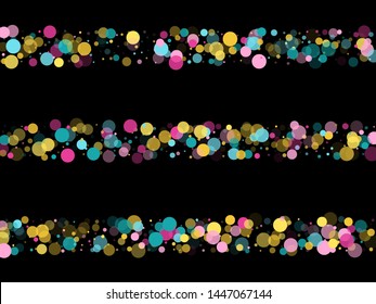 Memphis round confetti creative background in teal, rose color, gold on black.  Childish pattern vector, kid's party birthday celebration background.  Holiday confetti circles in memphis style.
