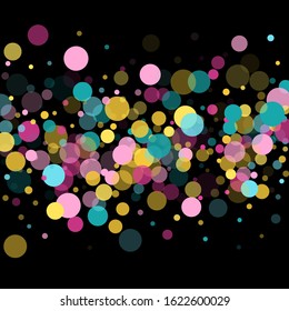 Memphis round confetti creative background in blue, magenta and gold on black.  Childish pattern vector, kid's party birthday celebration background.  Holiday confetti circles in memphis style.
