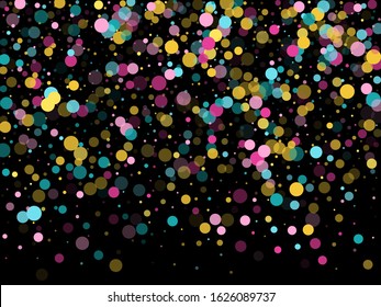 Memphis round confetti creative background in teal, rose color, gold on black.  Childish pattern vector, children's party birthday celebration background.  Holiday confetti circles in memphis style.