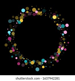 Memphis round confetti creative background in cyan, pink and gold on black.  Childish pattern vector, children's party birthday celebration background.  Holiday confetti circles in memphis style.