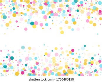 Memphis round confetti creative background in teal, rose color, gold on white.  Childish pattern vector, children's party birthday celebration background.  Holiday confetti circles in memphis style.