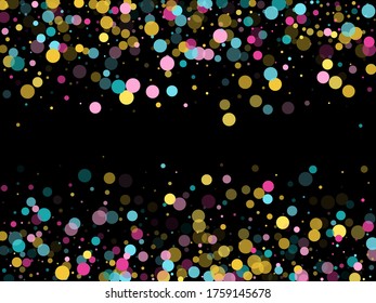 Memphis redondo confetti fondo creativo en azul, magenta y oro sobre negro.  Vector de patrón infantil, antecedentes de celebración de cumpleaños de fiesta infantil.  Círculos de confeti navideño al estilo memphis.
