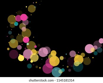 Memphis round confetti falling background in cayn, magenta and yellow on black.  Childish pattern vector, children's party birthday celebration background.  Holiday confetti circles in memphis style.