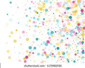 Memphis round confetti falling background in cayn, pink and yellow on white.  Childish pattern vector, children's party birthday celebration background.  Holiday confetti circles in memphis style.