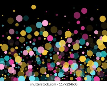 Memphis round confetti falling background in blue, crimson and gold on black.  Childish pattern vector, children's party birthday celebration background.  Holiday confetti circles in memphis style.
