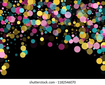 Memphis round confetti falling background in cayn, magenta and yellow on black.  Childish pattern vector, children's party birthday celebration background.  Holiday confetti circles in memphis style.