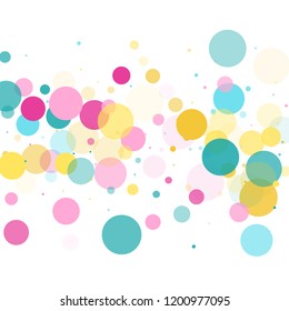 Memphis round confetti falling background in cyan, crimson and gold on white.  Childish pattern vector, children's party birthday celebration background.  Holiday confetti circles in memphis style.