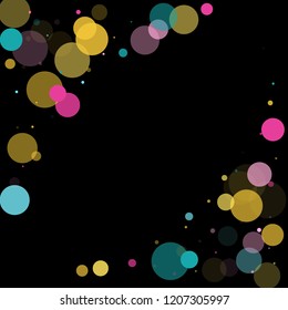 Memphis round confetti falling background in cyan, magenta and gold on black. Childish pattern vector, children's party birthday celebration background. Holiday confetti circles in memphis style.