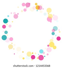 Memphis round confetti falling background in blue, pink and gold on white.  Childish pattern vector, children's party birthday celebration background.  Holiday confetti circles in memphis style.