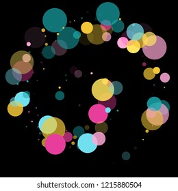 Memphis round confetti falling background in blue, pink and yellow on black.  Childish pattern vector, children's party birthday celebration background.  Holiday confetti circles in memphis style.