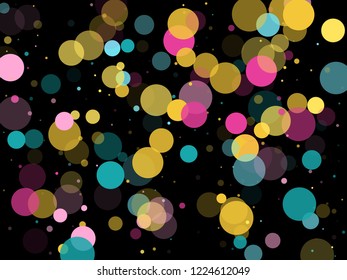 Memphis round confetti falling background in cyan, rose color, gold on black.  Childish pattern vector, children's party birthday celebration background.  Holiday confetti circles in memphis style.