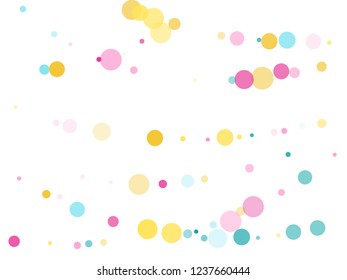 Memphis round confetti falling background in blue, pink and gold on white.  Childish pattern vector, children's party birthday celebration background.  Holiday confetti circles in memphis style.