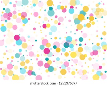 Memphis round confetti falling background in cayn, crimson and yellow on white.  Childish pattern vector, children's party birthday celebration background.  Holiday confetti circles in memphis style.