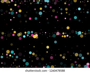 Memphis round confetti falling background in blue, crimson and gold on black.  Childish pattern vector, children's party birthday celebration background.  Holiday confetti circles in memphis style.