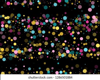 Memphis round confetti falling background in cayn, crimson and yellow on black.  Childish pattern vector, kid's party birthday celebration background.  Holiday confetti circles in memphis style.