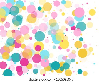 Memphis round confetti falling background in cayn, magenta and yellow on white.  Childish pattern vector, children's party birthday celebration background.  Holiday confetti circles in memphis style.