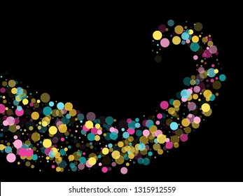 Memphis round confetti falling background in cyan, pink and gold on black.  Childish pattern vector, children's party birthday celebration background.  Holiday confetti circles in memphis style.
