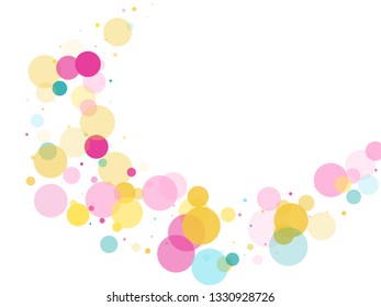 Memphis Round Confetti Falling Background In Blue, Pink And Yellow On White.  Childish Pattern Vector, Children's Party Birthday Celebration Background.  Holiday Confetti Circles In Memphis Style.